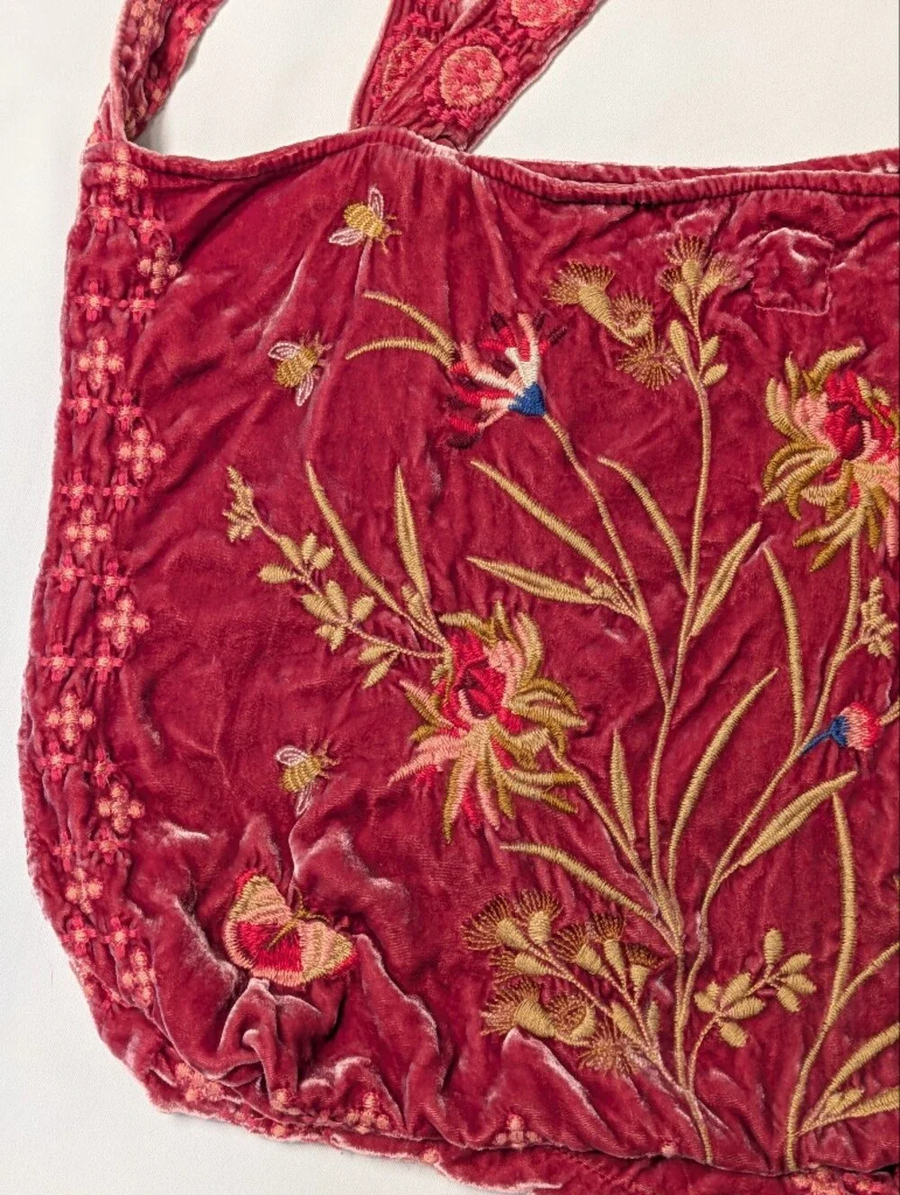 Johnny Was Aria Velvet Silk Embroidered Butterfly & Bee Floral Tote Shoulder Bag